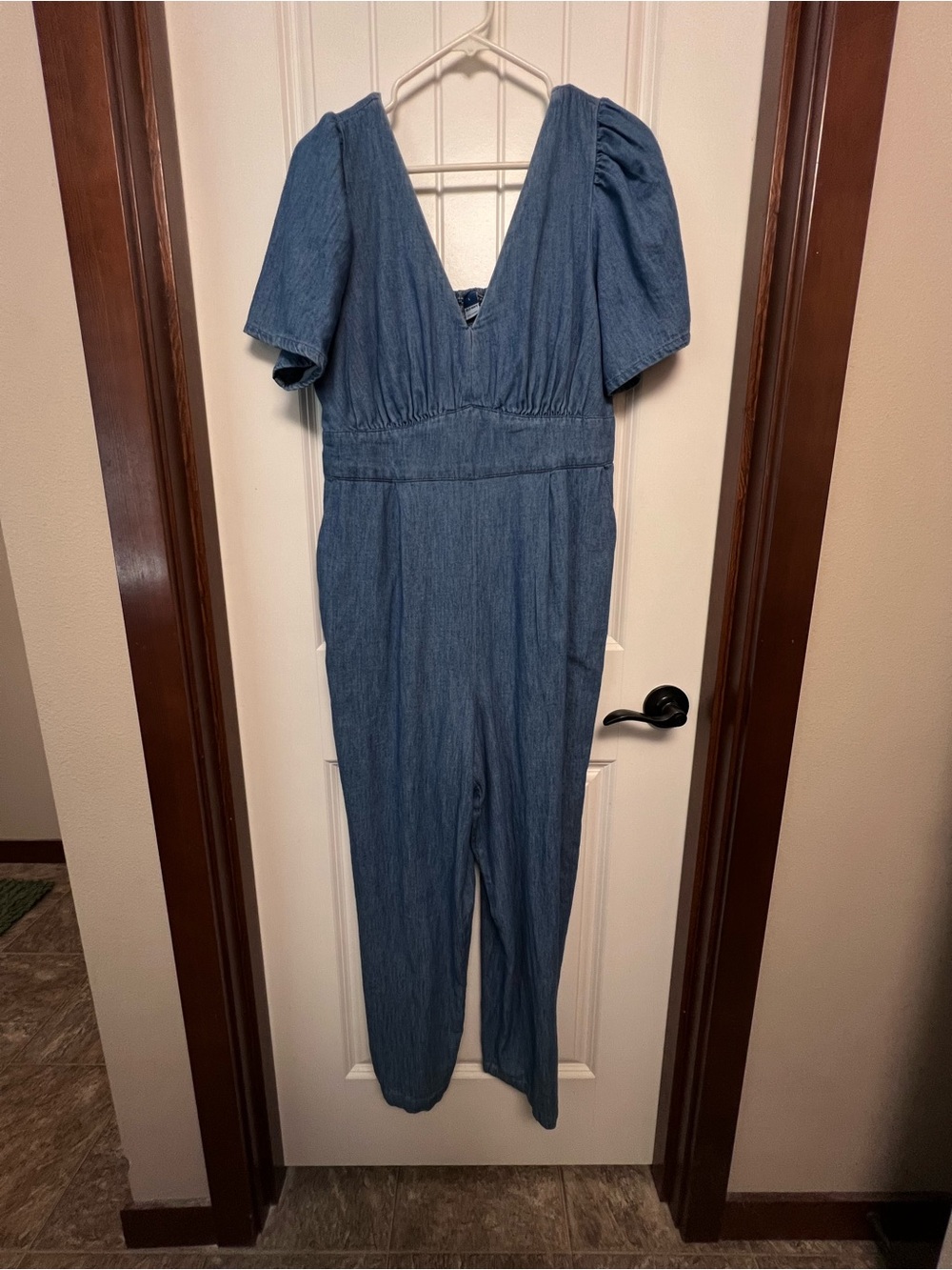 Old Navy Denim V-Neck Puff Sleeve Jumpsuit - Blue